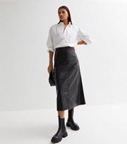 New Look Black Leather-Look High Waist A Line Midi Skirt